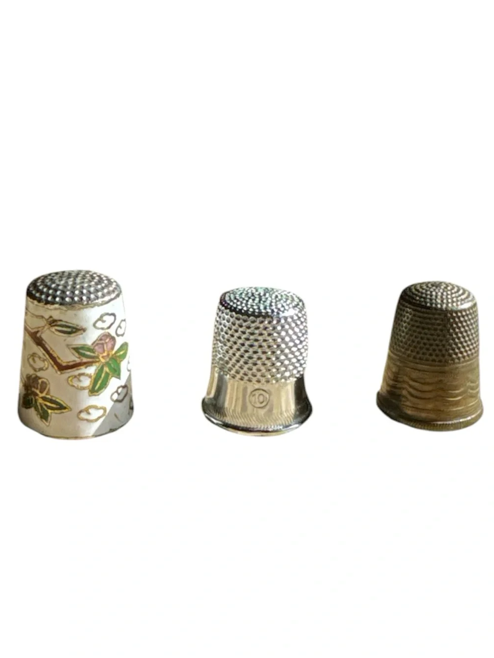 Cloisonné, Silver Tone, & Brass Sewing Thimble Set